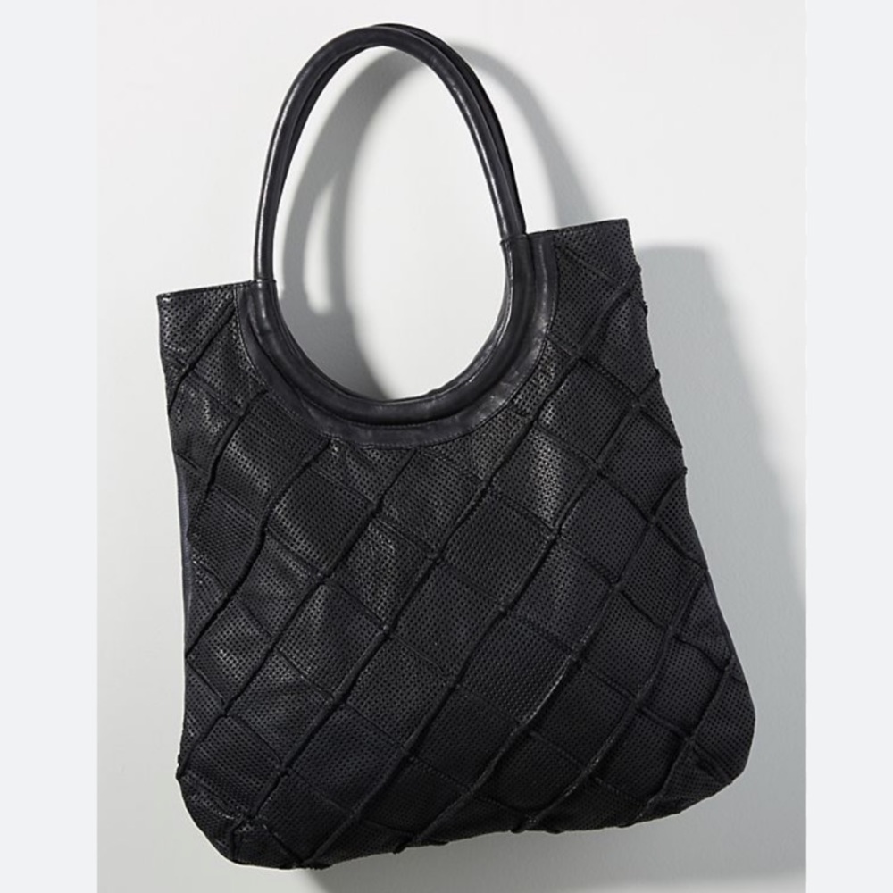 Anthropologie Black Illona Lattice Tote Leather Black Shoulder Bag